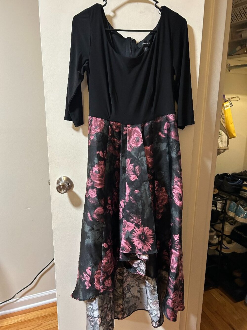 R & M Richards -- black 3/4 quarter sleeve, high-low dress, pink flower design